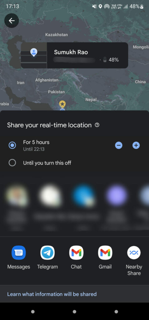 زمان و افرادی که میخواهید location live خود را به اشتراک بزارید